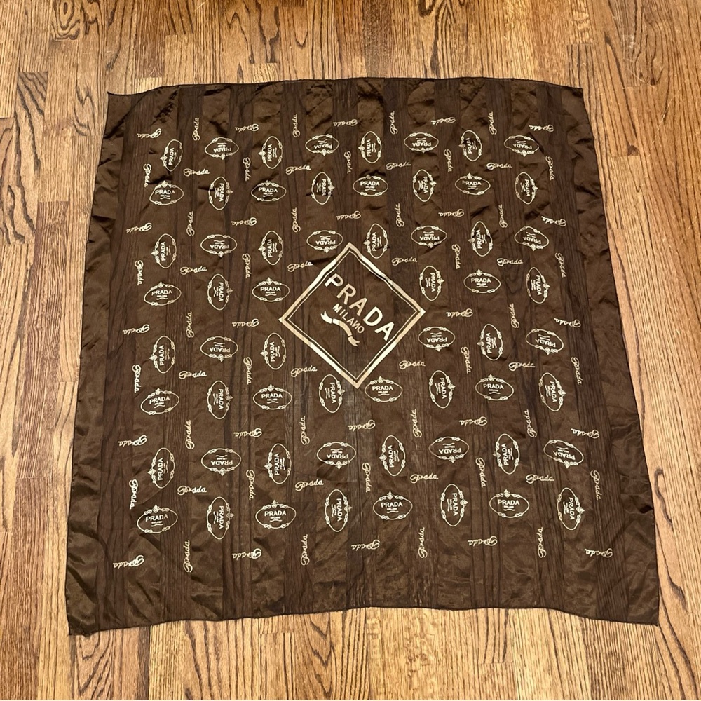 Vintage PRADA Milano Silk Satin Striped Logo Square Scarf Brown Beige (B4)